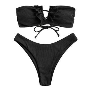 Black V Neck Bandeau Bikini